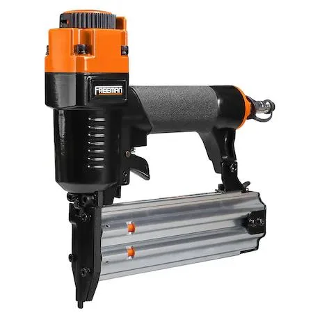 Silver pneumatic brad nailer with black comfort grip and adjustable exhaust