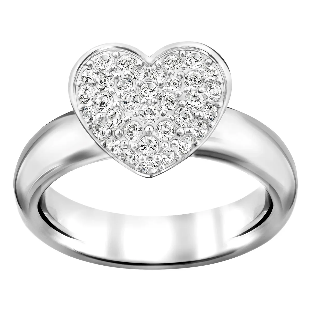 Swarovski Even Ring size 6/S, rhodium-plated sterling silver with heart motif in clear crystal pavé