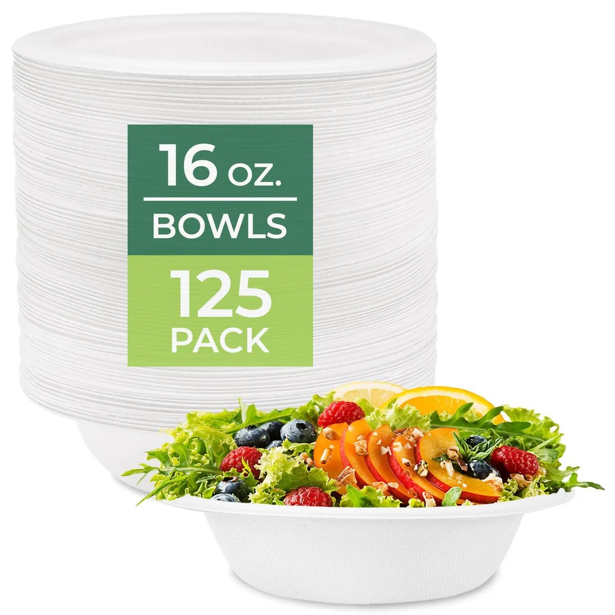 Stack of 125 round beige bagasse bowls in a cardboard box