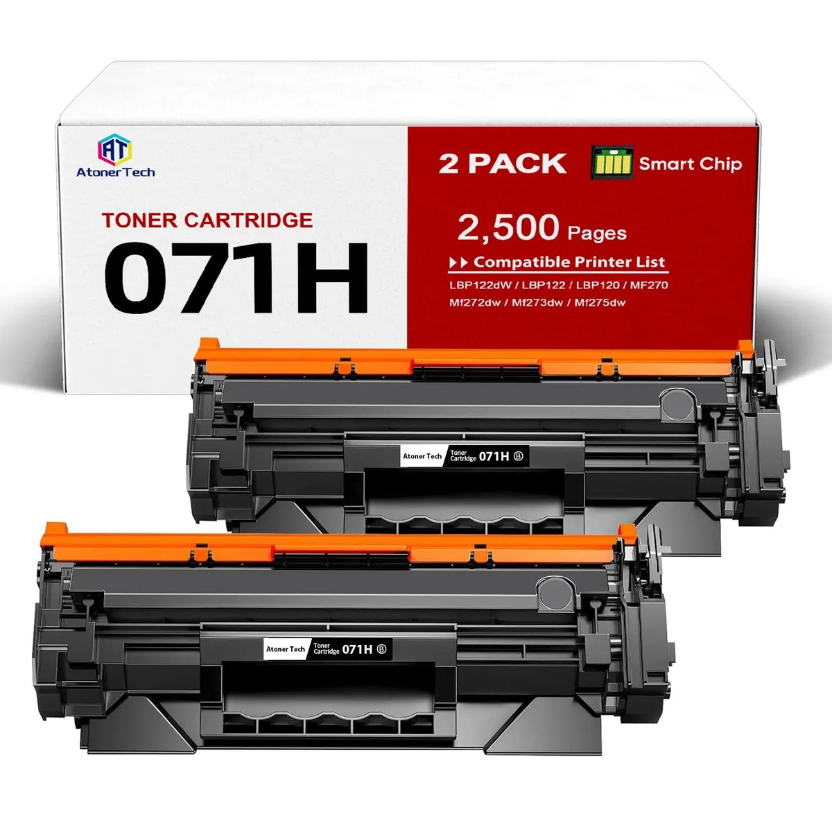 Two black toner cartridges in white boxes side by side