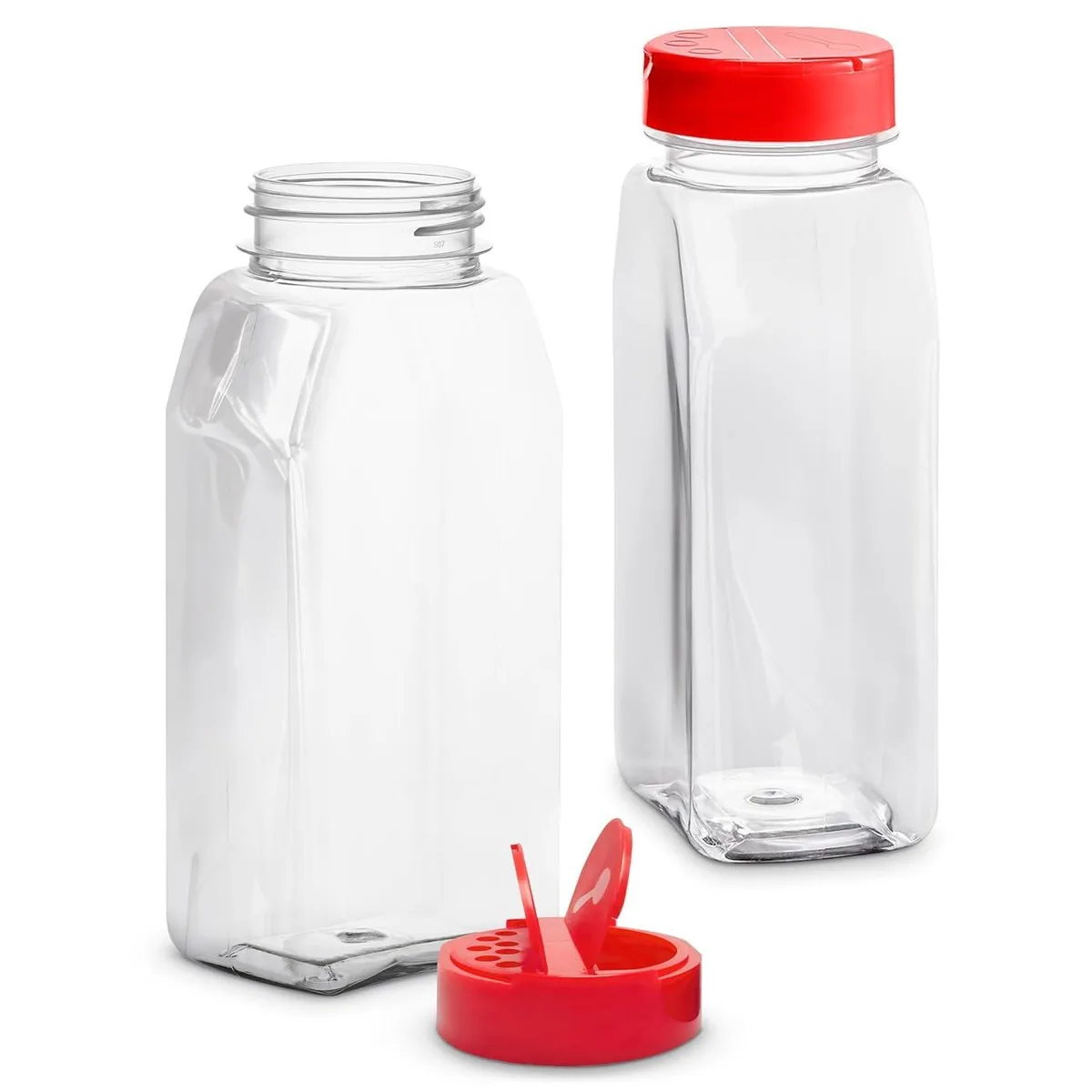 Two clear cylindrical 32 oz jars with dual flip-top red lids