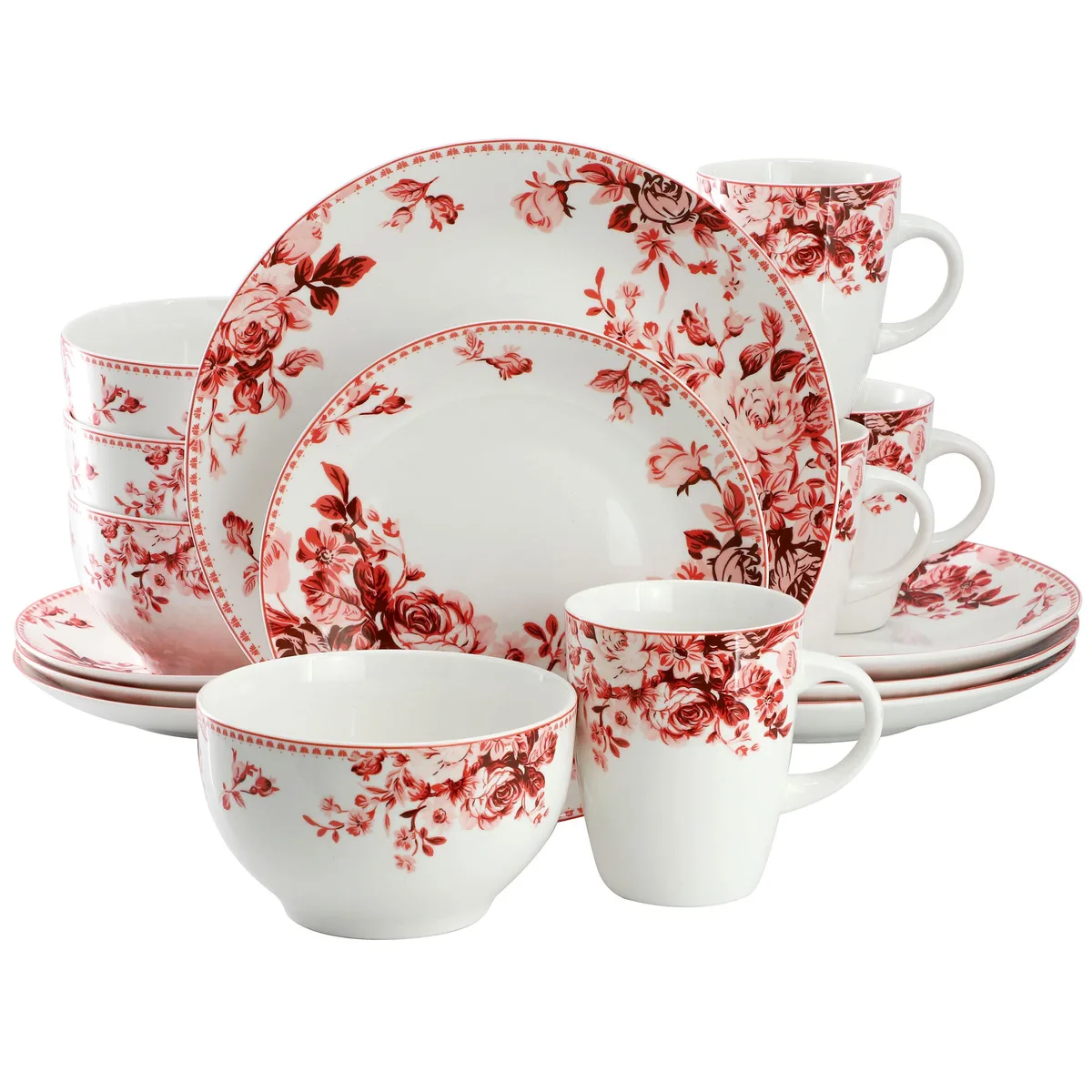 Elama 16 piece red stoneware dinnerware set with floral glaze