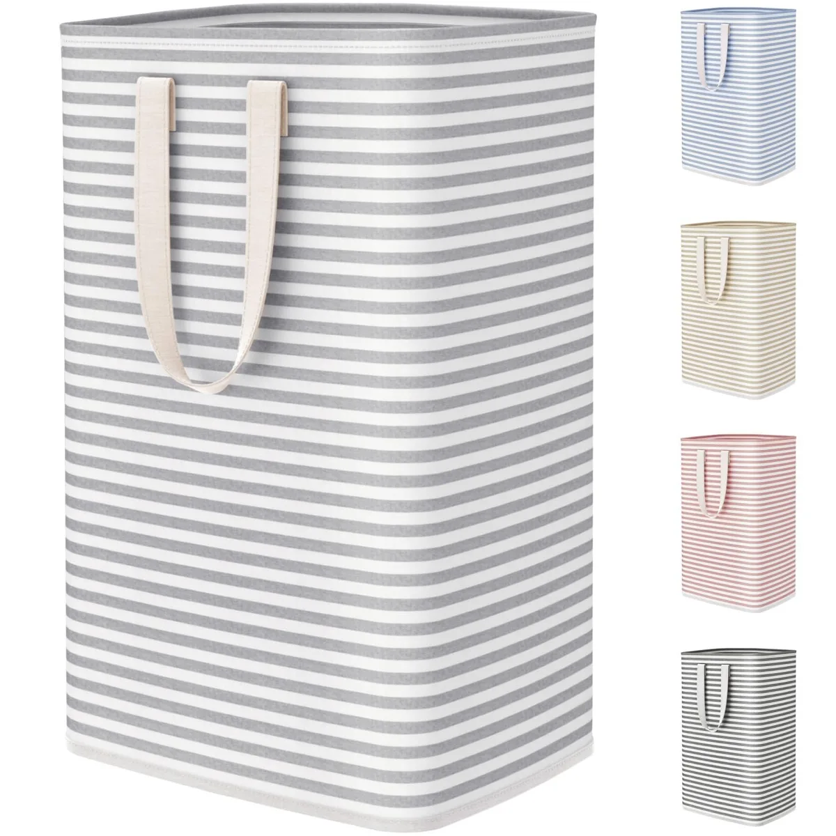 Grey collapsible laundry hamper, tall rectangular shape with carry handles