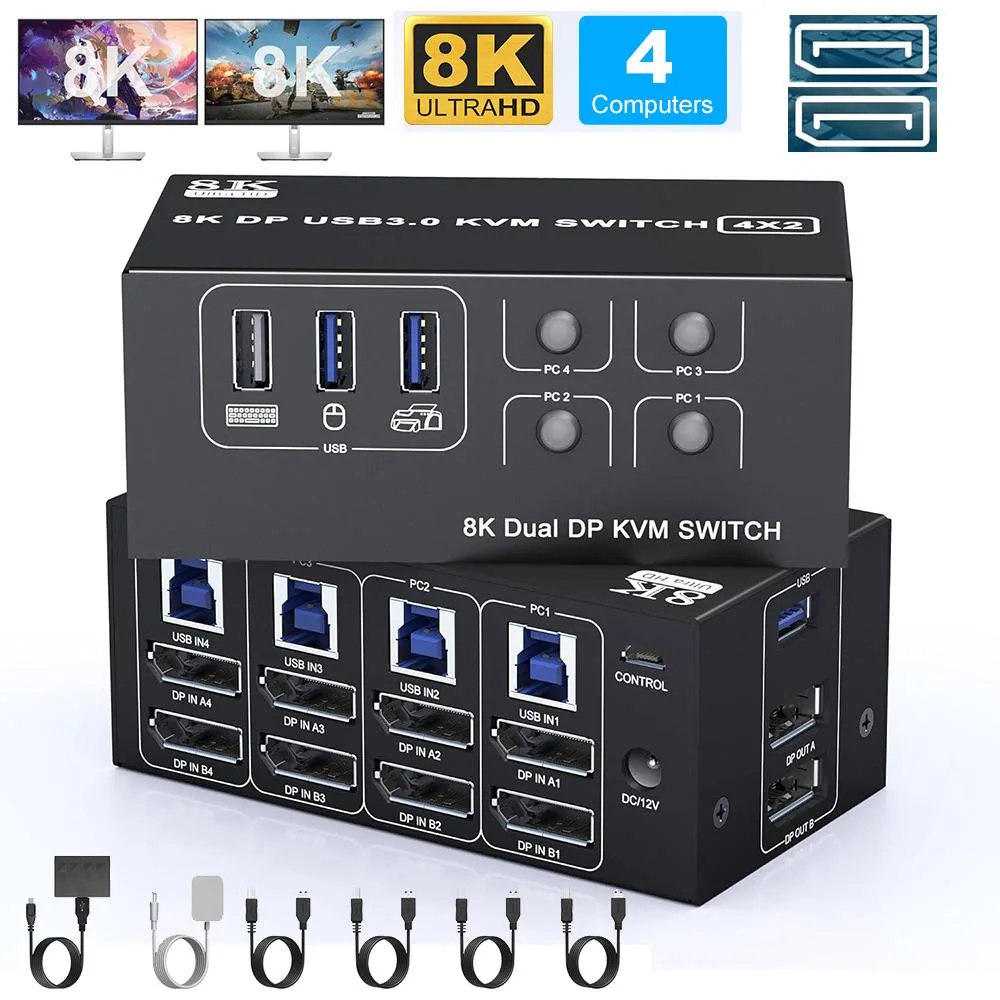 Hitoor Hitoor 8K@60Hz 4K@144Hz DP1.4 Dual Monitor KVM Switch 4-Port USB 3.0 — product photo