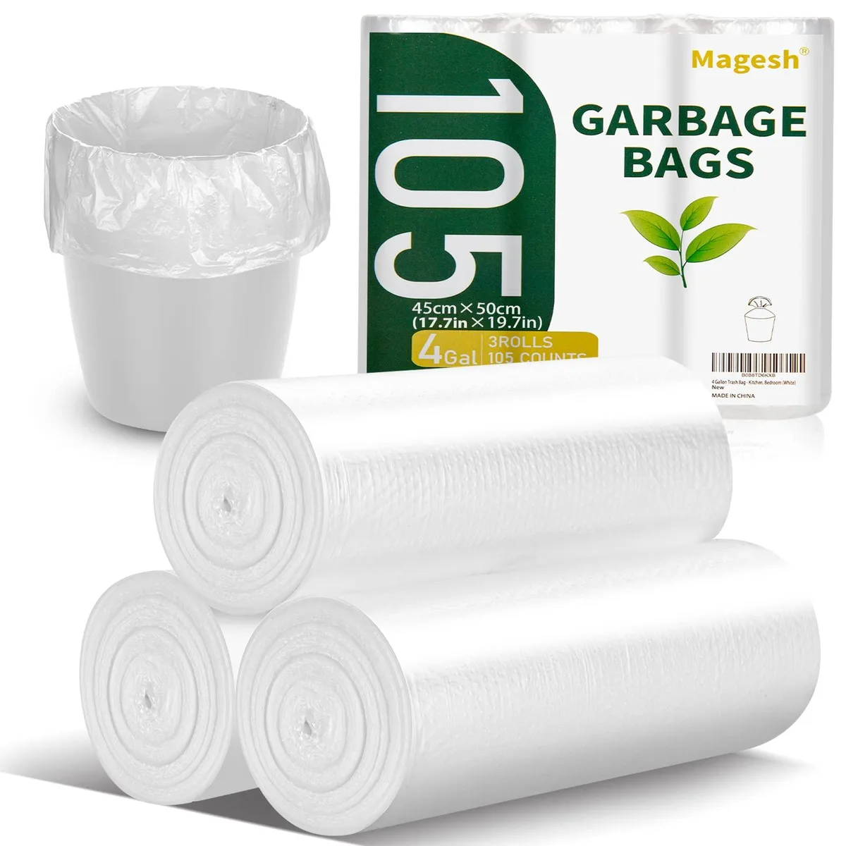 Pack of 105 clear 4-gallon trash bags on three rolls