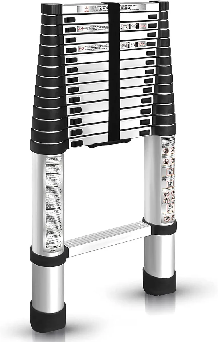 Silver aluminum telescopic ladder folded compact, multiple sliding sections visible
