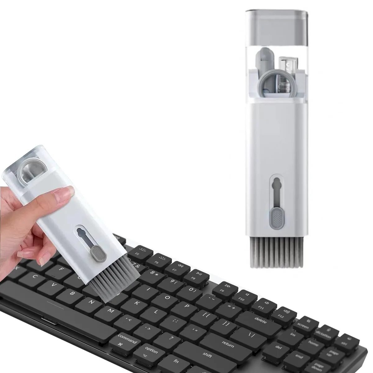 Grey compact cleaning kit with brushes, wiper, fluid bottle and keycap puller