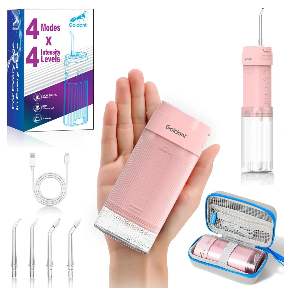 Pink cordless water flosser with removable 180ml tank and travel case