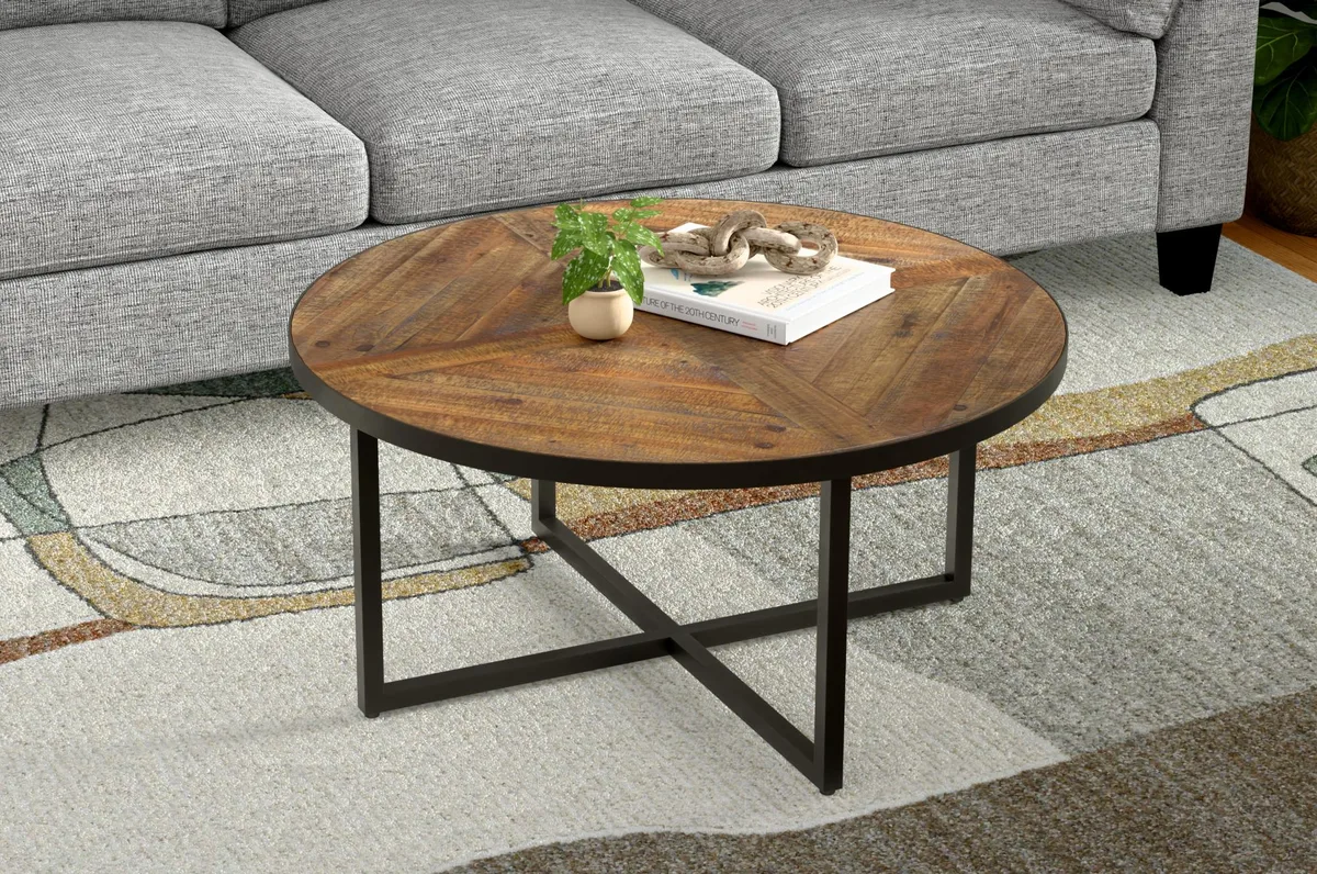 Brown solid wood round occasional table, 36.0 inches diameter, 17.3 inches high