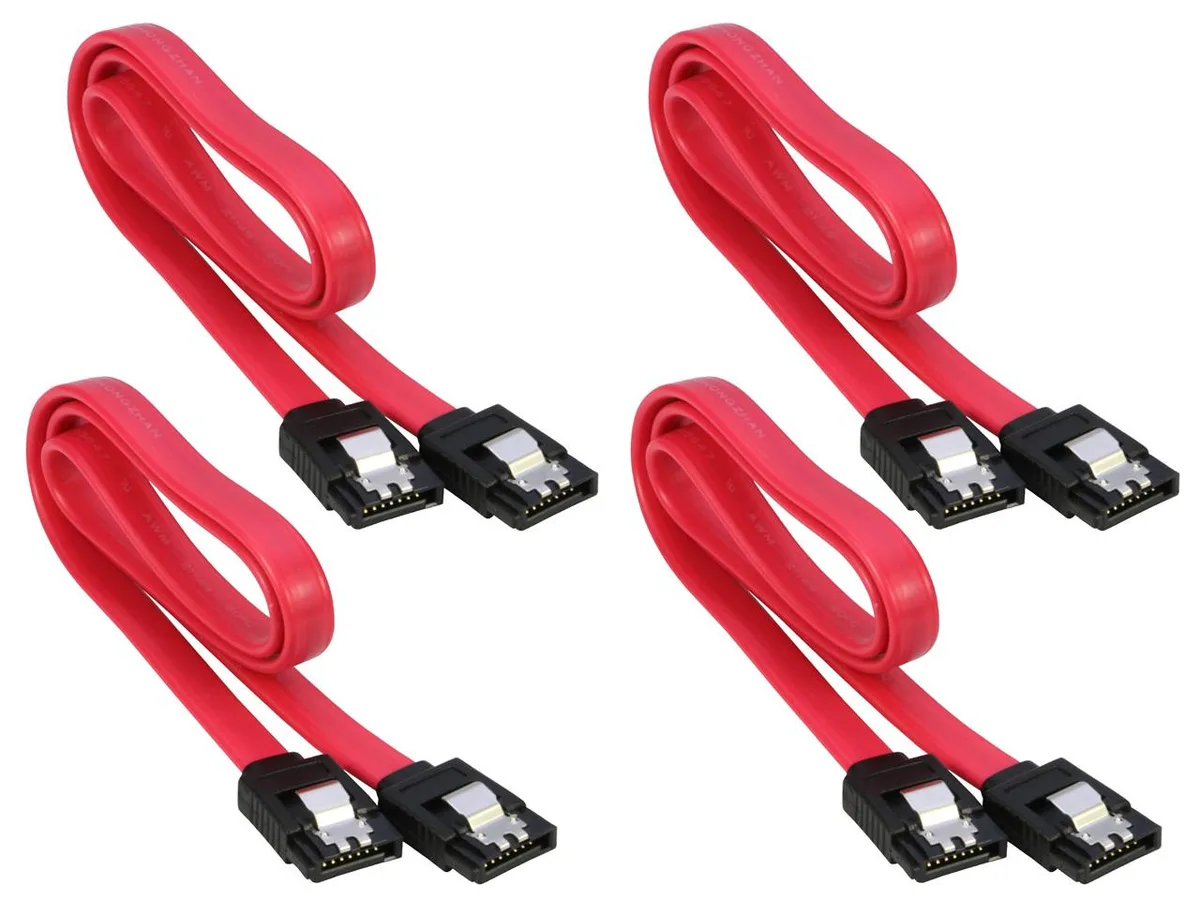 Four red SATA cables with locking latches, 20 inch length