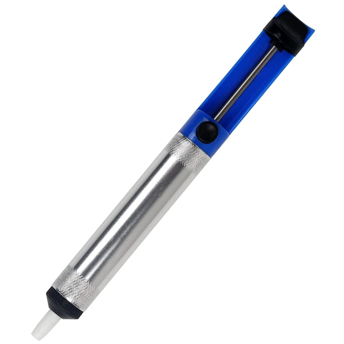 Silver aluminium desoldering pump with black nozzle and push button