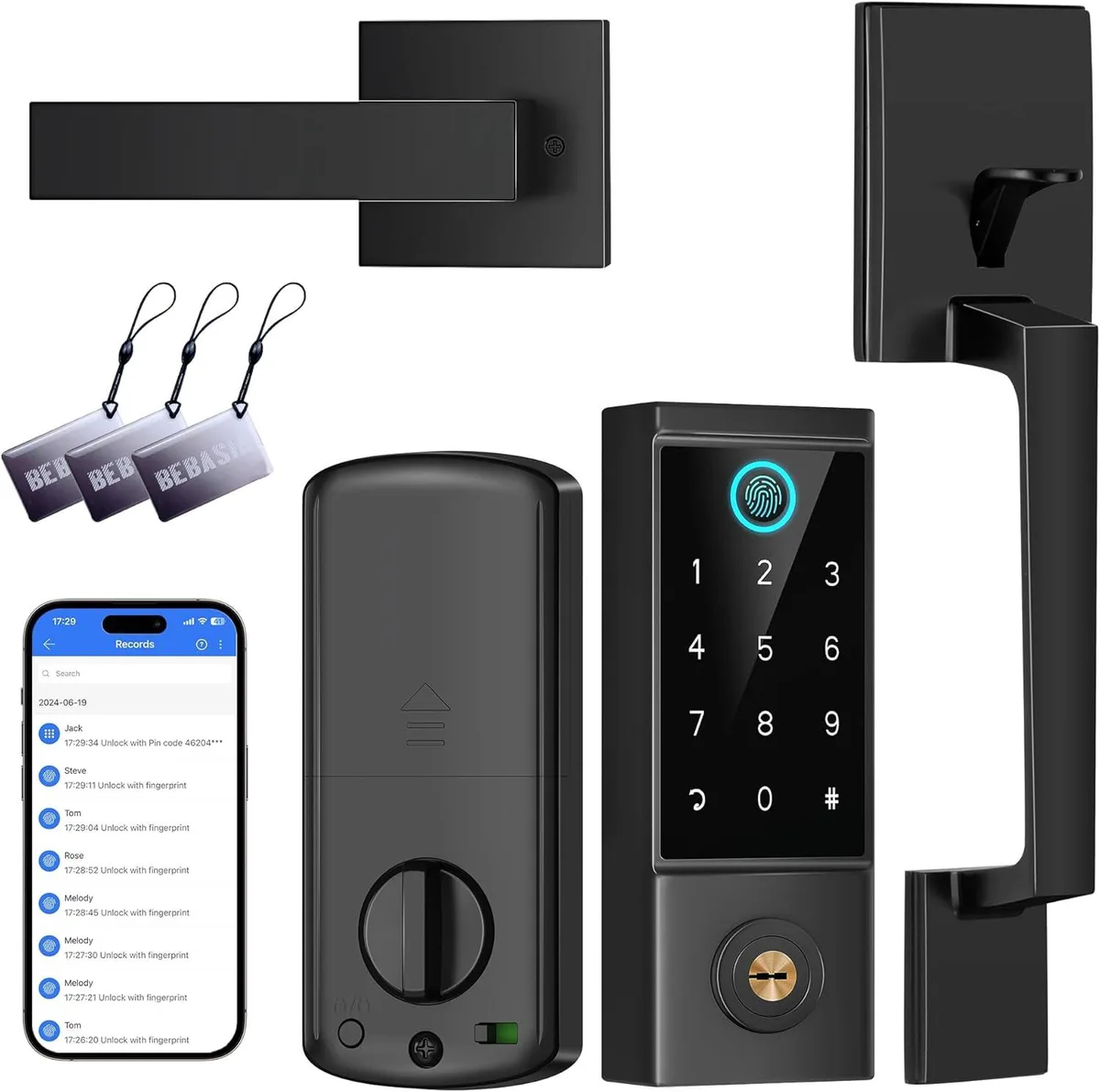 Black fingerprint handleset with keypad and lever handle on rectangular backplate