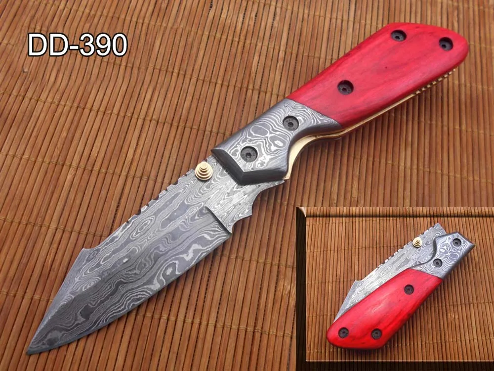 Damascus Depot Damascus Depot 8.3" Folding Knife Red Wood Scale Twist Pattern Damascus Bolster — product photo