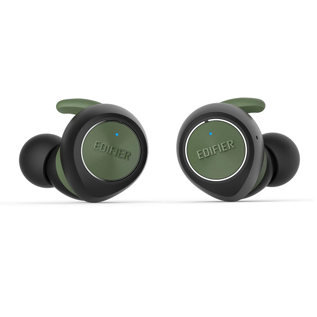 Green true wireless earbuds in matching charging case