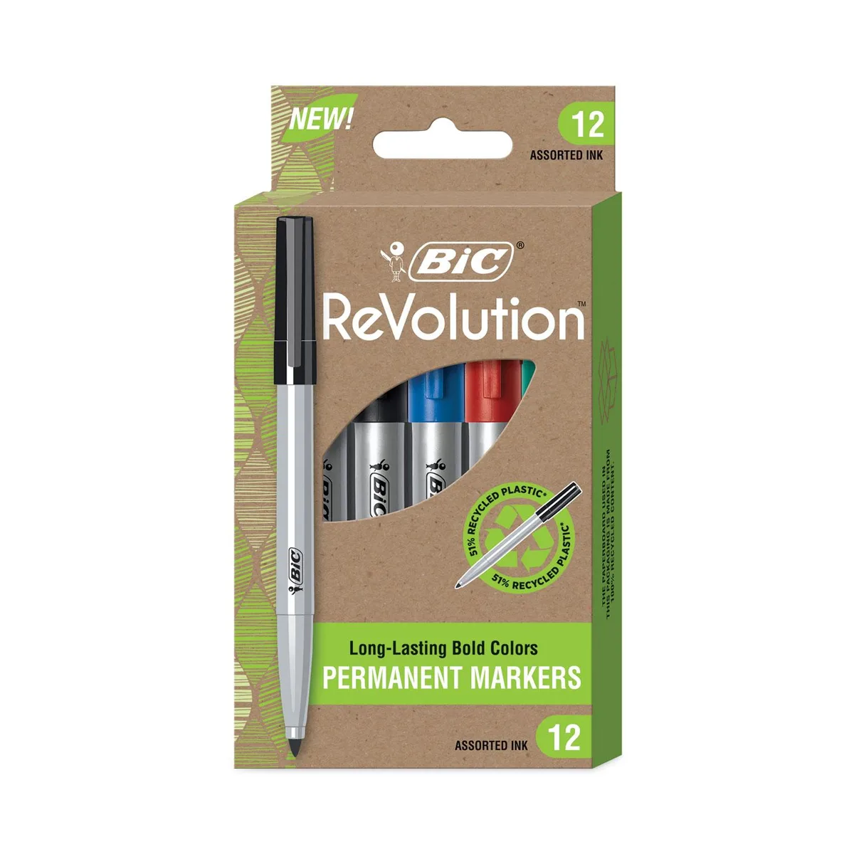 BIC BIC PMER12AST ReVolution Permanent Markers Fine Bullet Tip Assorted Colors 12 Pack — product photo