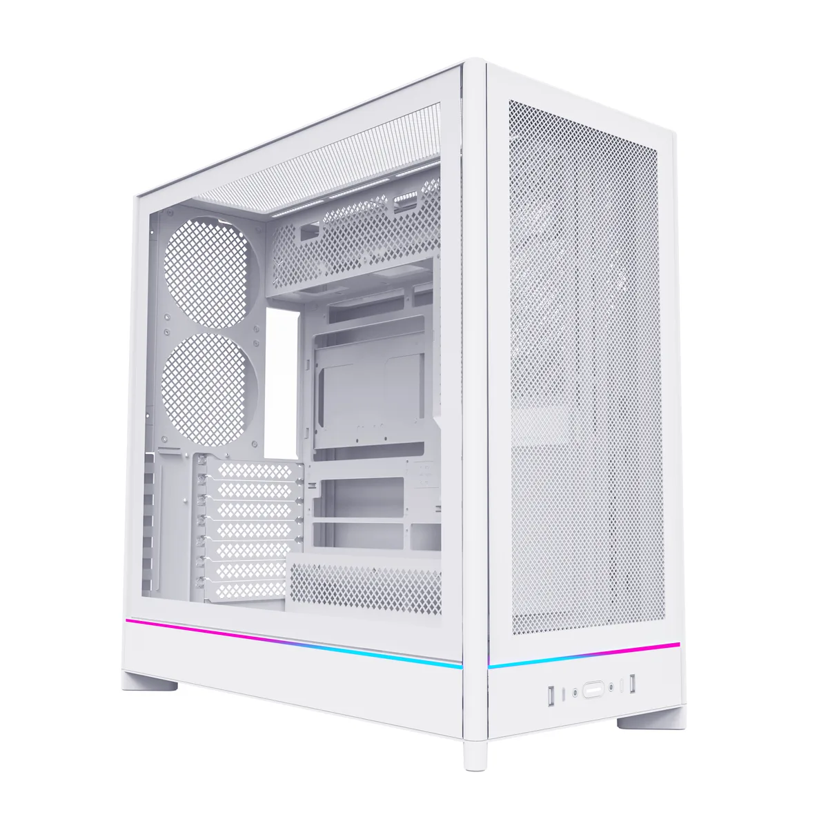 White mid-tower PC case with mesh front panel, tempered glass side panel, and reversible layout