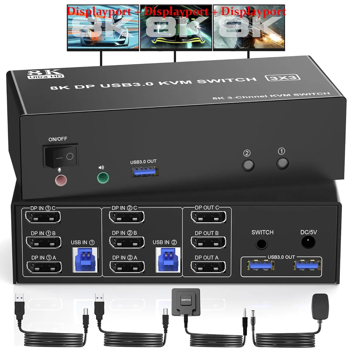 IHDAPP IHDAPP Triple Monitor DisplayPort KVM Switch 8K@60Hz 4K@144Hz 2 PC 3 Monitor — product photo