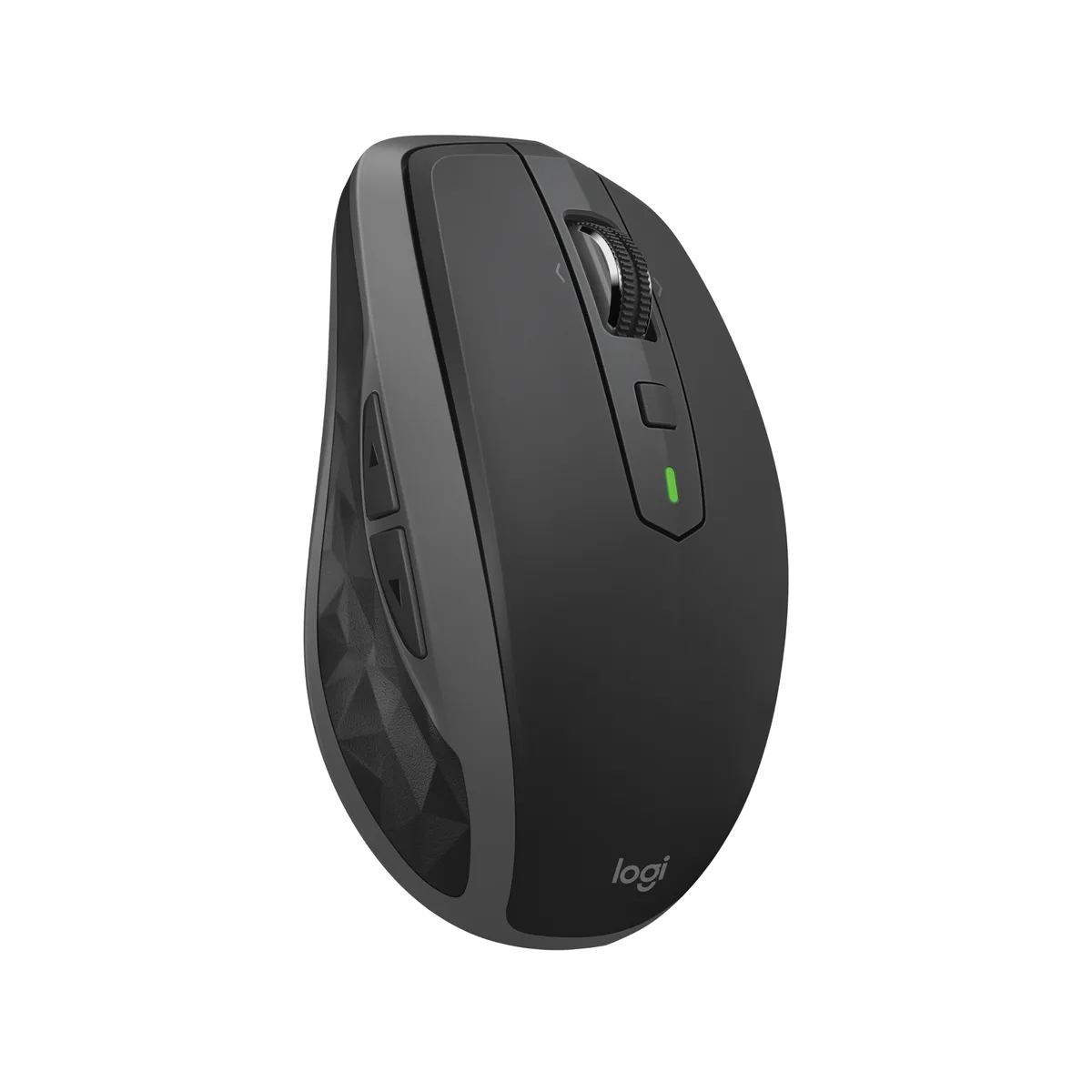 Compact dark grey wireless mouse with contoured shape and scroll wheel