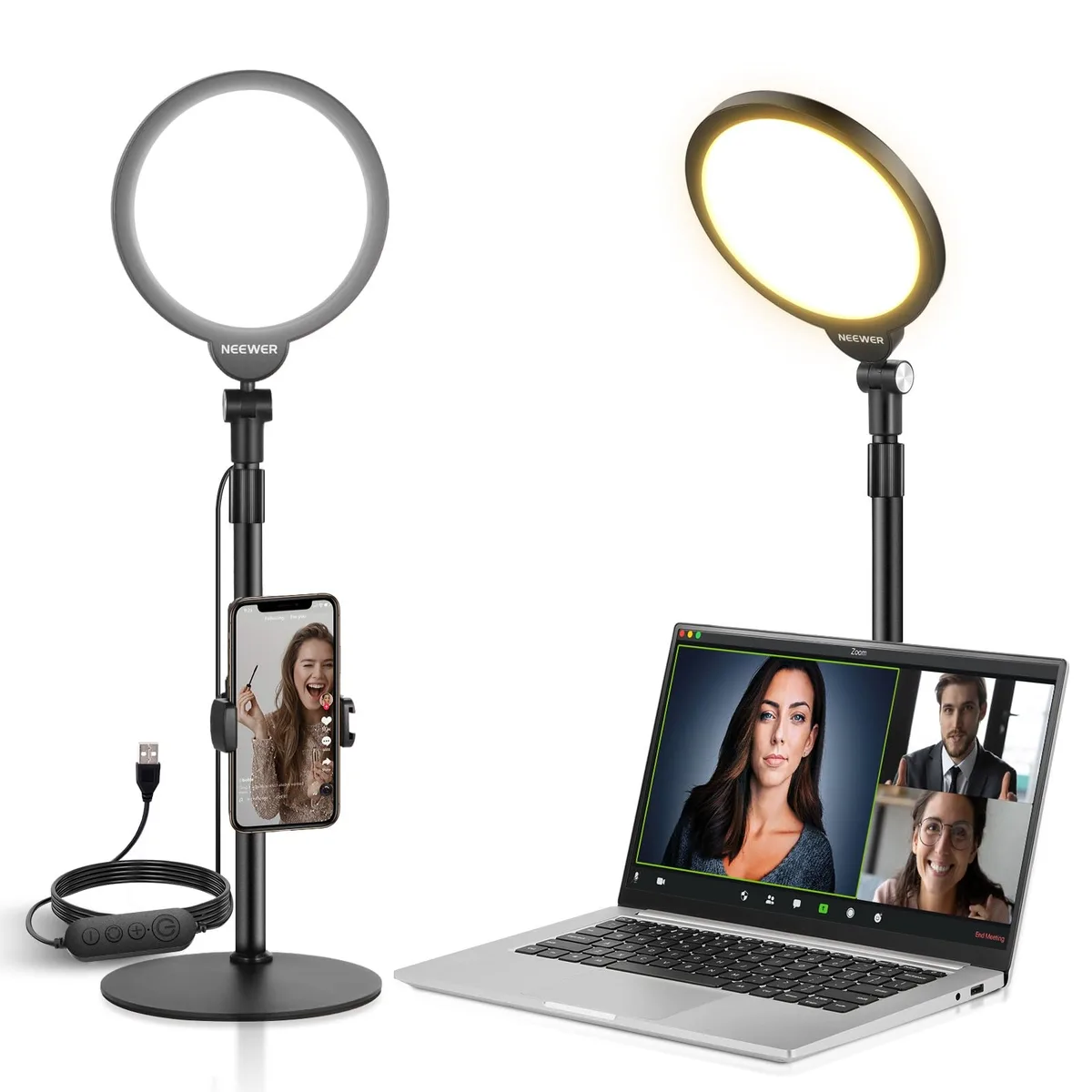  Neewer BR60 7" LED Ring Light Kit 10W 84 LEDs 3000-6500K CRI>95 USB — product photo
