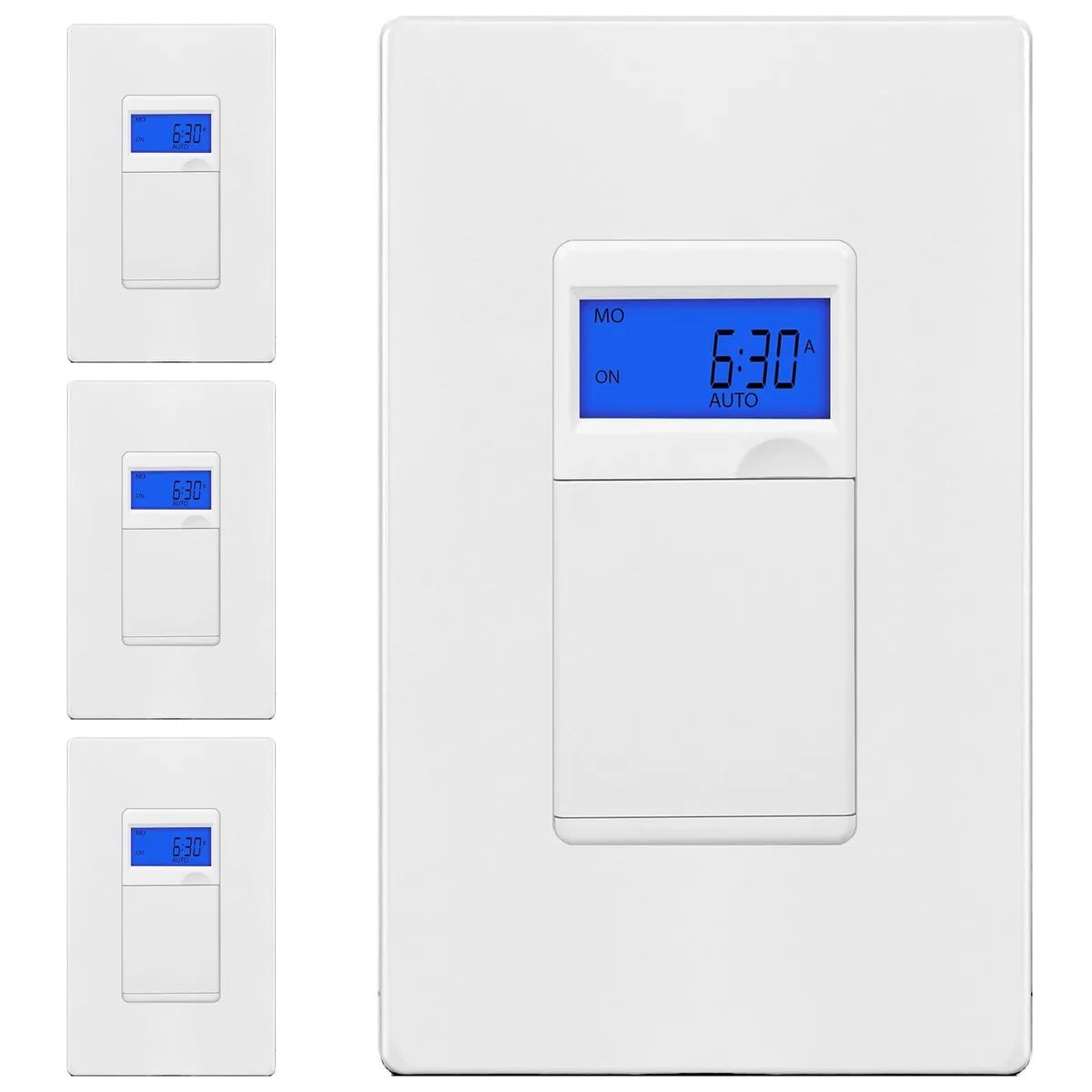 White digital in-wall timer switch with blue backlit display, screwless wall plate, and wire leads