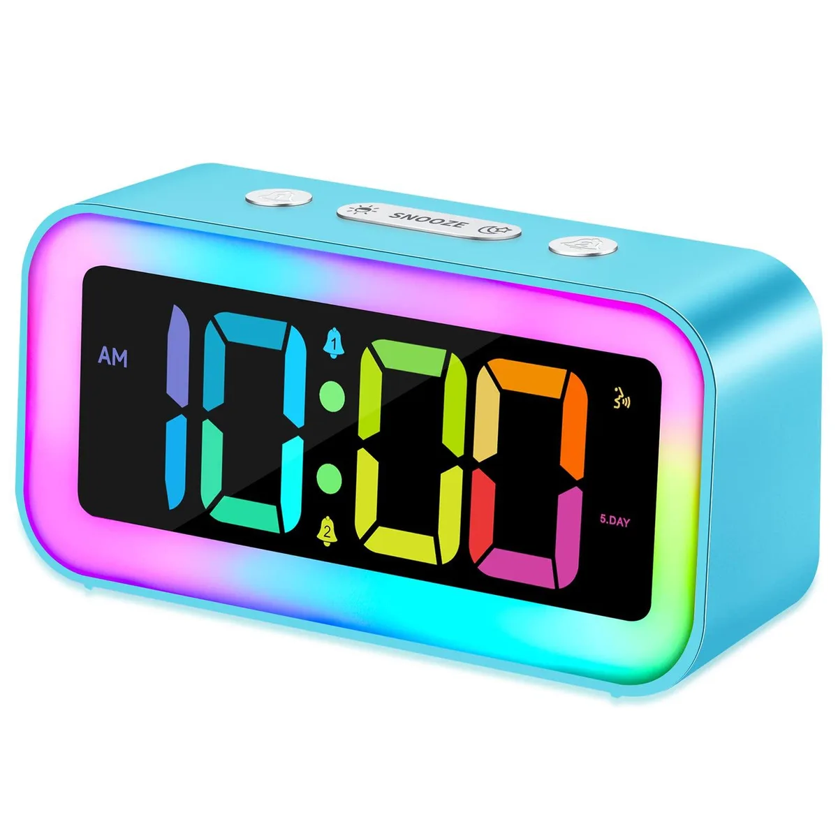 Blue rectangular digital clock 5.7 in wide with RGB display and USB port