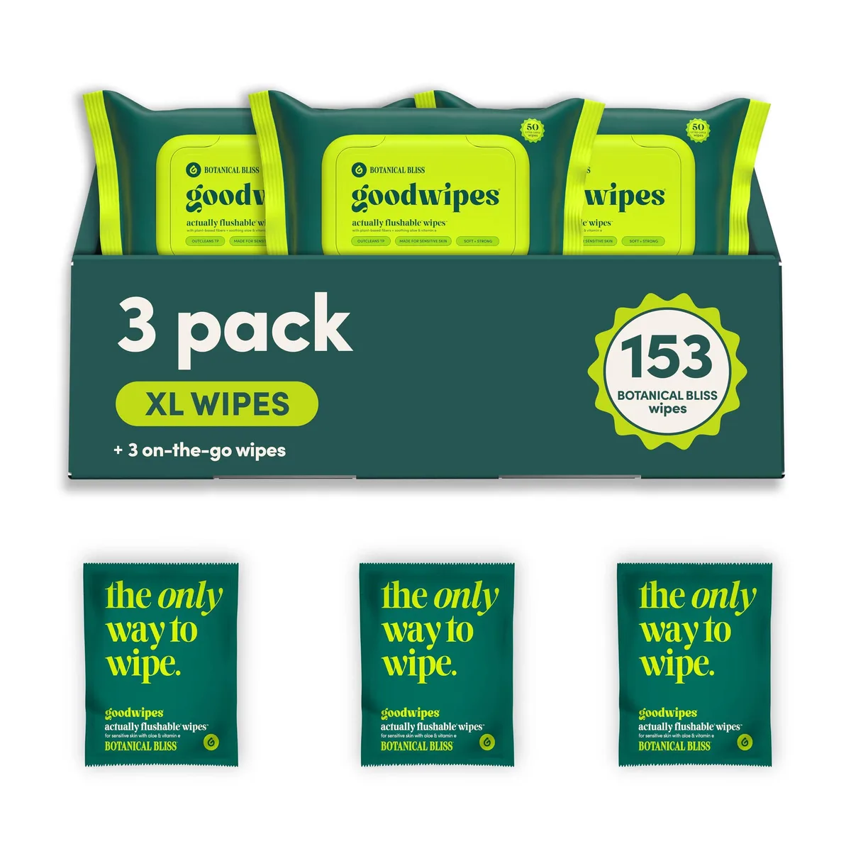 Three rectangular packs of flushable wipes plus three single wipes, botanical bliss scent, plant-based fibers
