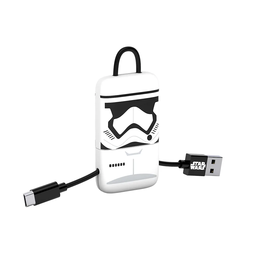 Short white Micro USB cable with a Stormtrooper helmet key fob, 22 cm long
