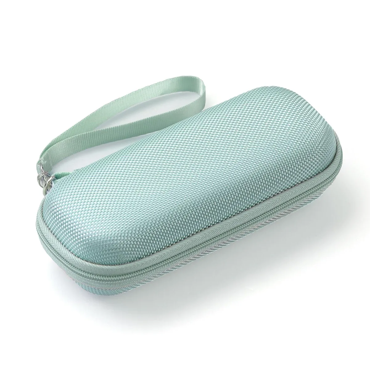 Black EVA hard case with zipper, compact rectangular shape, water-resistant nylon exterior, mesh pockets inside