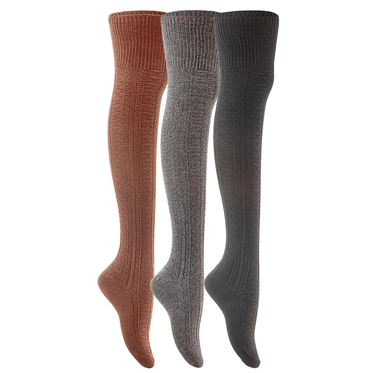Three pairs of multicolour thigh-high cotton socks in coffee, dark grey and black