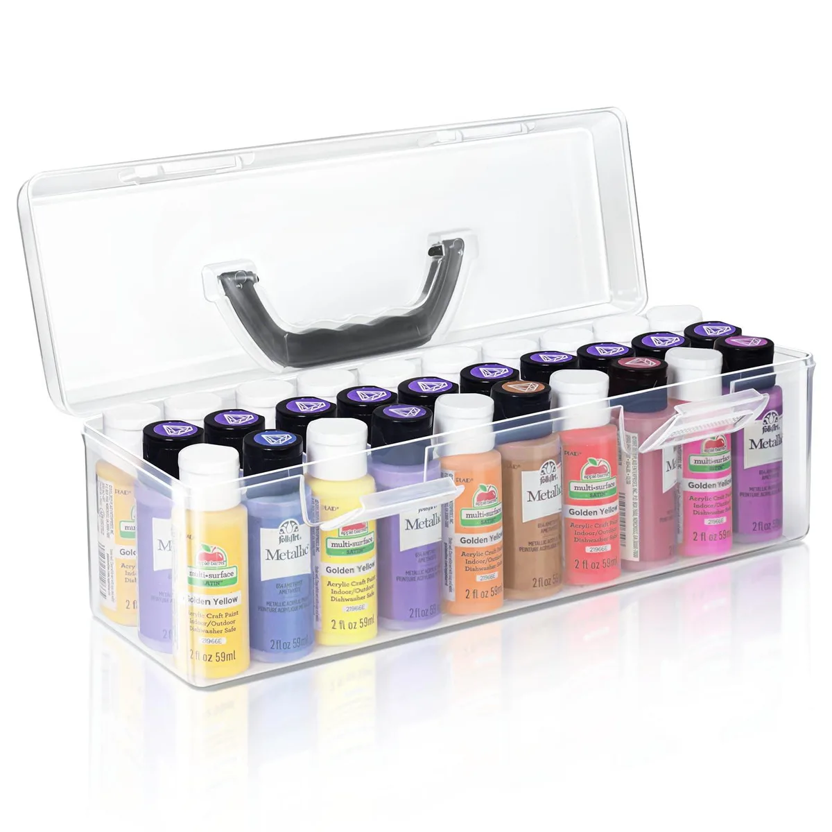Clear plastic paint storage box with handle, silver finish, holds thirty bottles