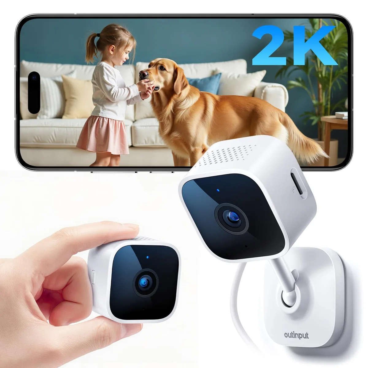 Small white indoor wireless camera with corded power and tabletop or wall mount option