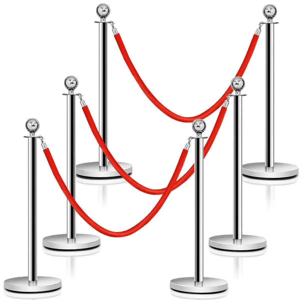 Costway Costway 6-Post Stanchion Set with 3 Red Velvet Ropes, 59" Rope Length — product photo
