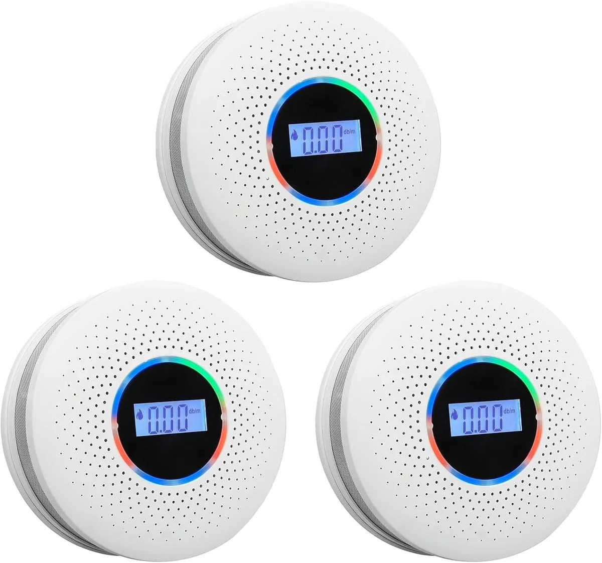 Three white round detectors with LCD screens