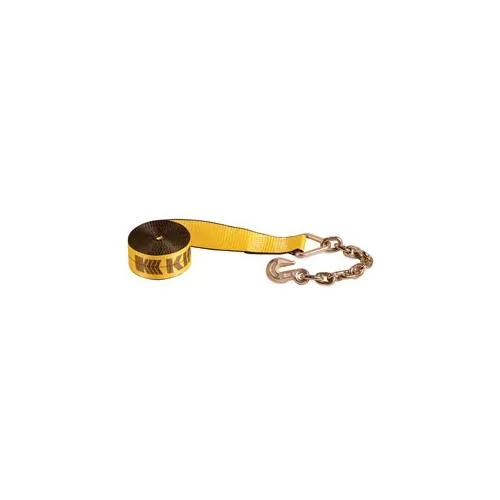 Gold polyester winch strap thirty feet long three inches wide with grab hook and chain anchor