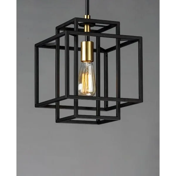 Black satin brass pendant with geometric square tubing 9.75 inches wide