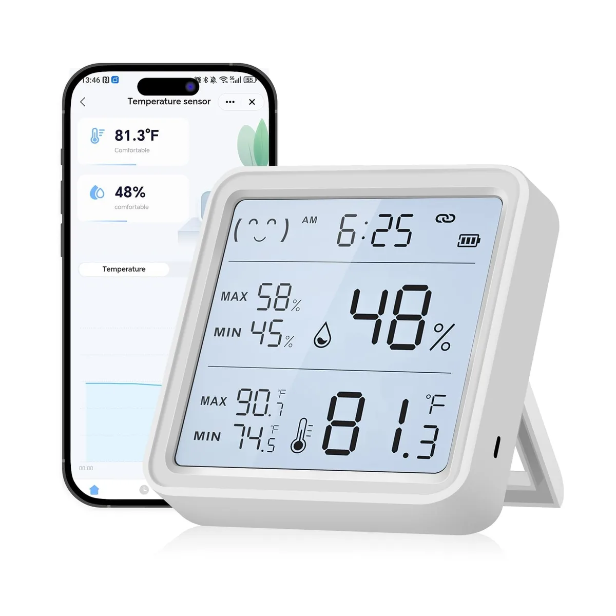Black rectangular thermometer with 3.2 inch backlit display showing temperature and humidity readings