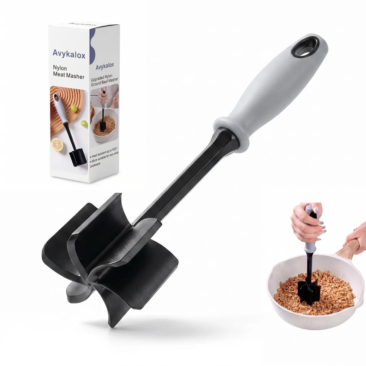 Black nylon meat chopper with six curved blades and a textured TPR handle