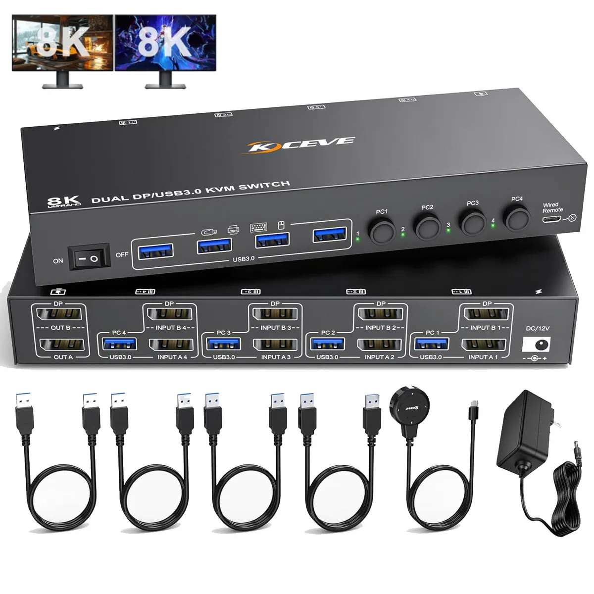 Hitoor Hitoor 8K@30Hz 4K@144Hz Dual Monitor DP KVM Switch 4-Port — product photo