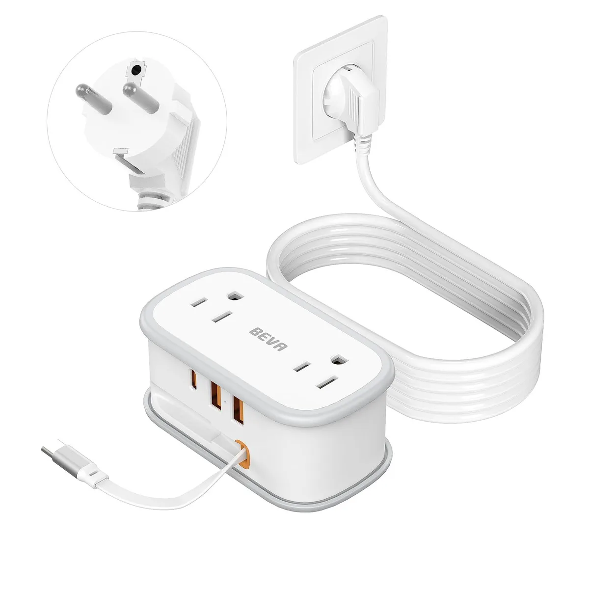 White travel power strip with two AC outlets, three USB ports and a retractable USB-C cable