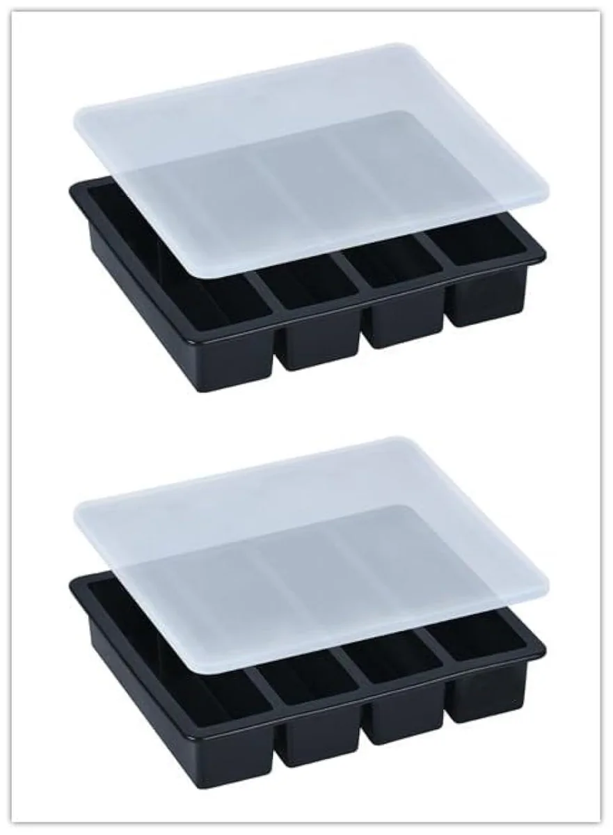 Two rectangular silicone ice-cube trays with lids, each holding 140 ml cubes measuring 5.19 by 1.41 inches