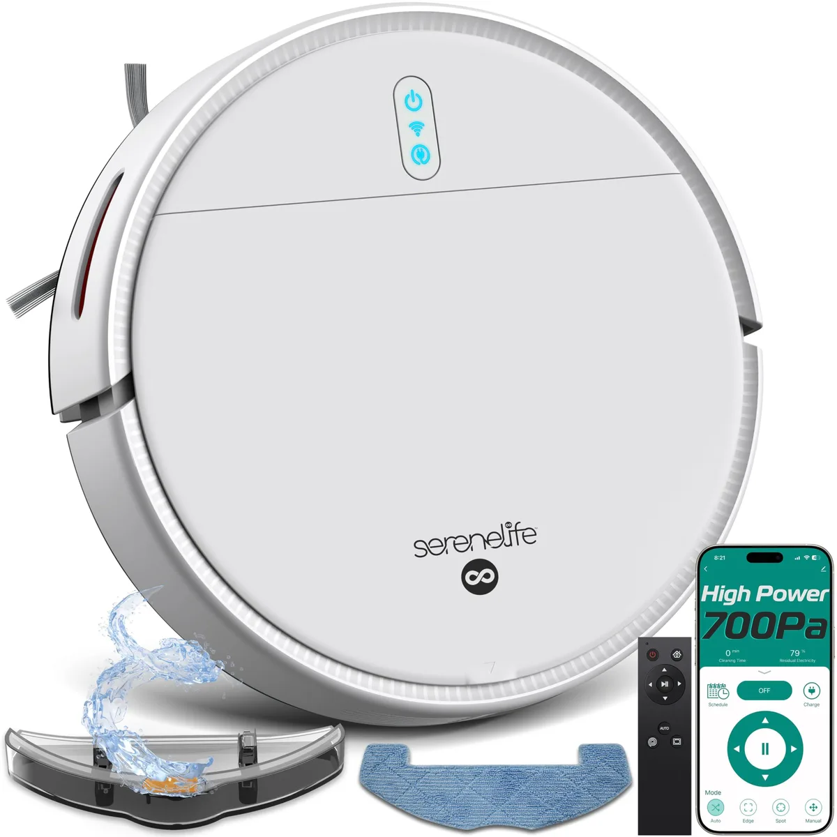 White circular robot vacuum mop combo on floor