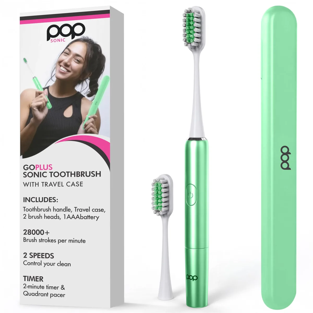 Emerald green sonic toothbrush with slim travel case