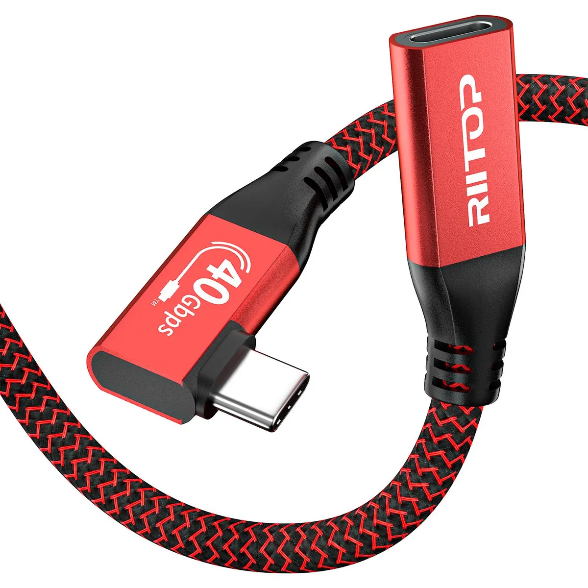 Red right-angled USB-C extension cable 2.6ft with angled connector