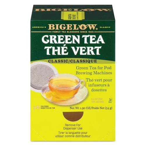 Box of 18 green tea pods, 1.9 oz, cardboard packaging