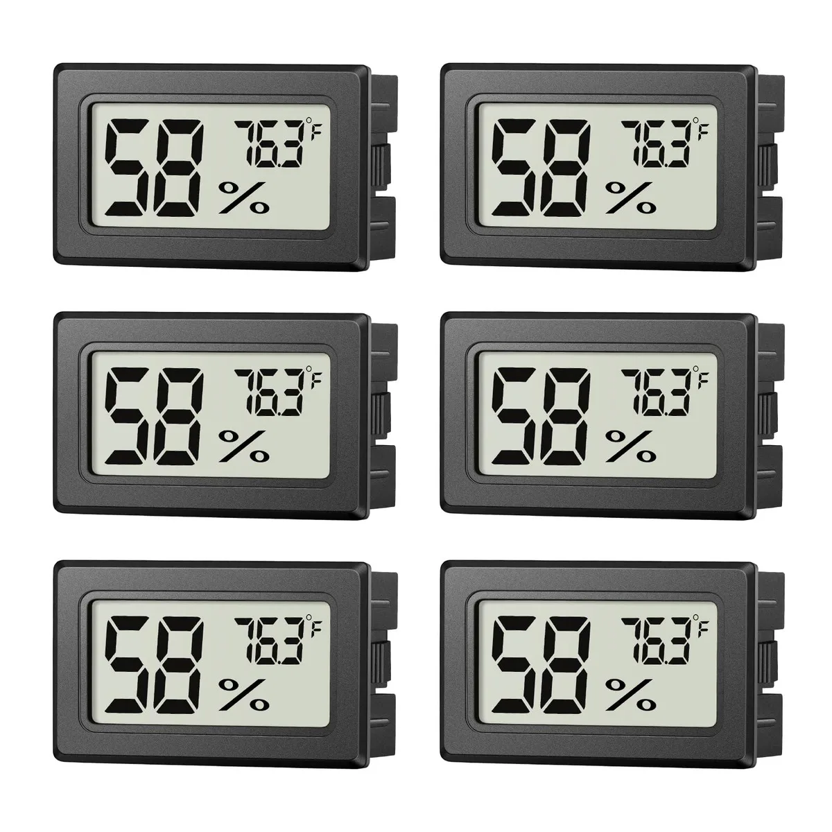 Two small yellow digital thermometer hygrometers with LCD screens