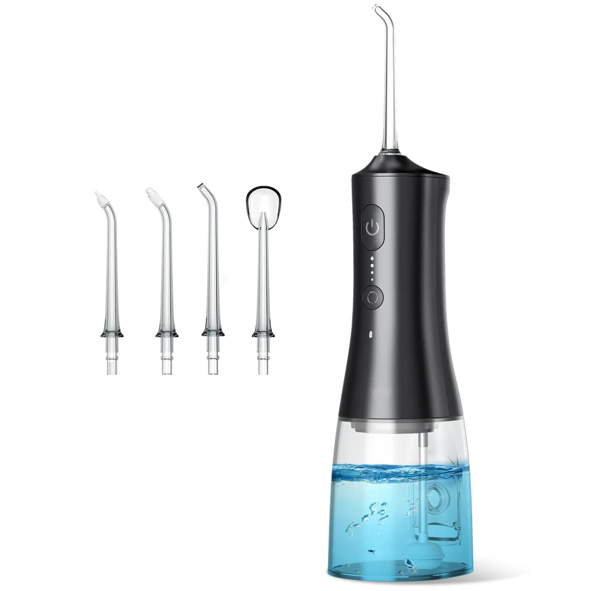 Black cordless water flosser with detachable 300 ml tank and four rotating tips