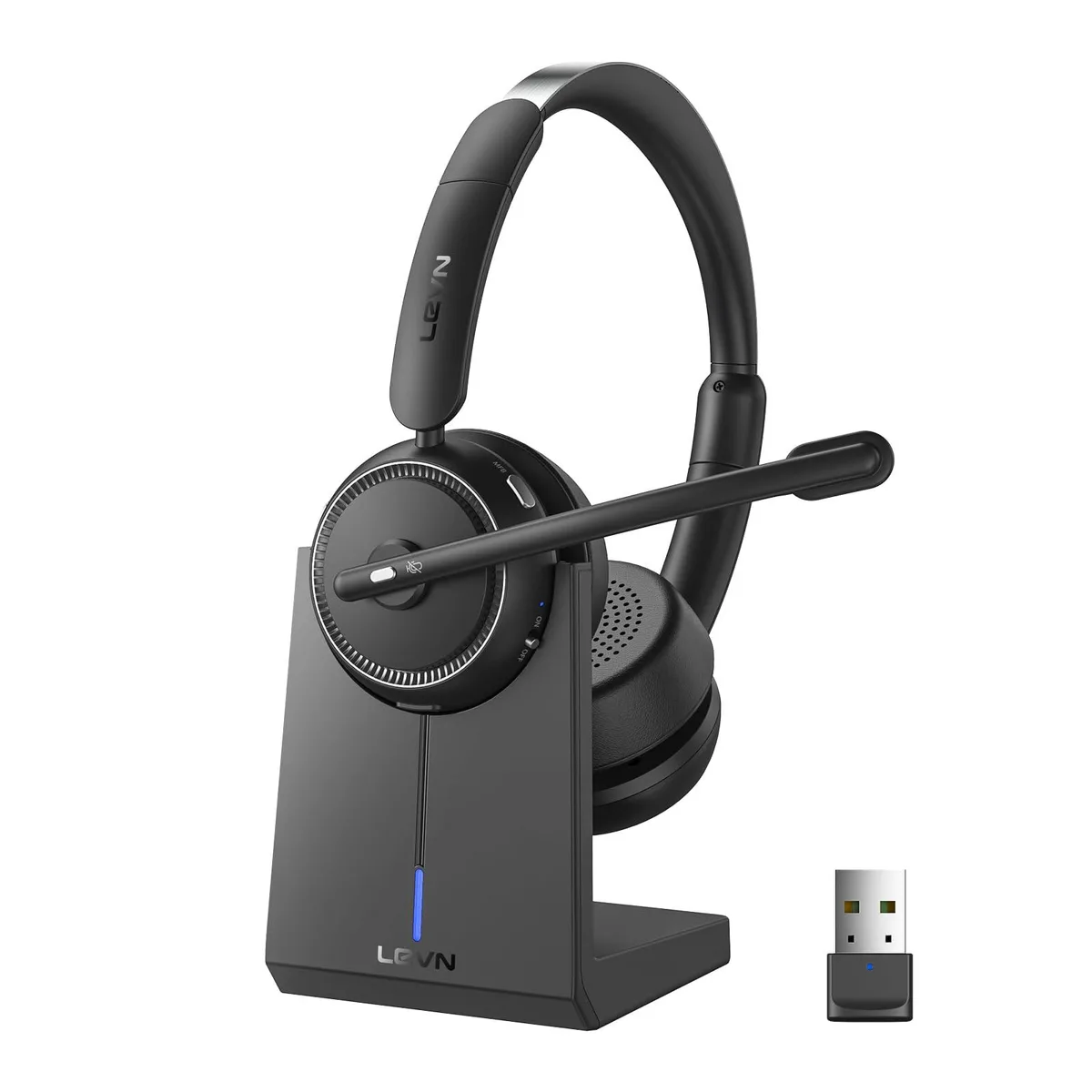Black on-ear wireless headset with charging stand and USB dongle
