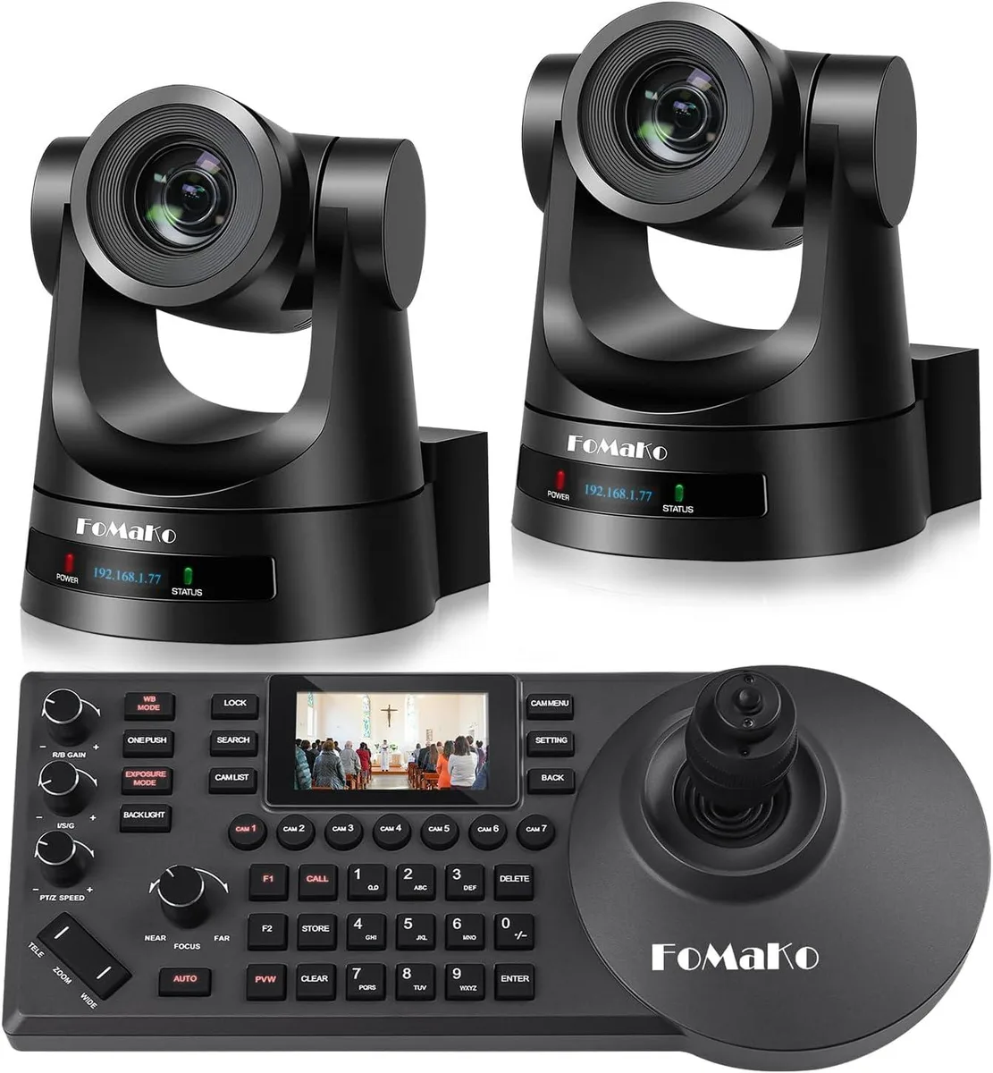 Two black PTZ cameras and a keyboard controller with joystick