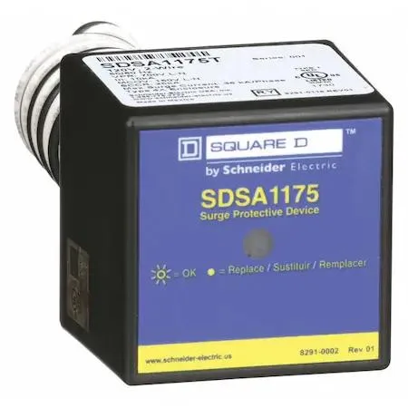 Compact grey surge protector module with mounting tabs and three wire terminals