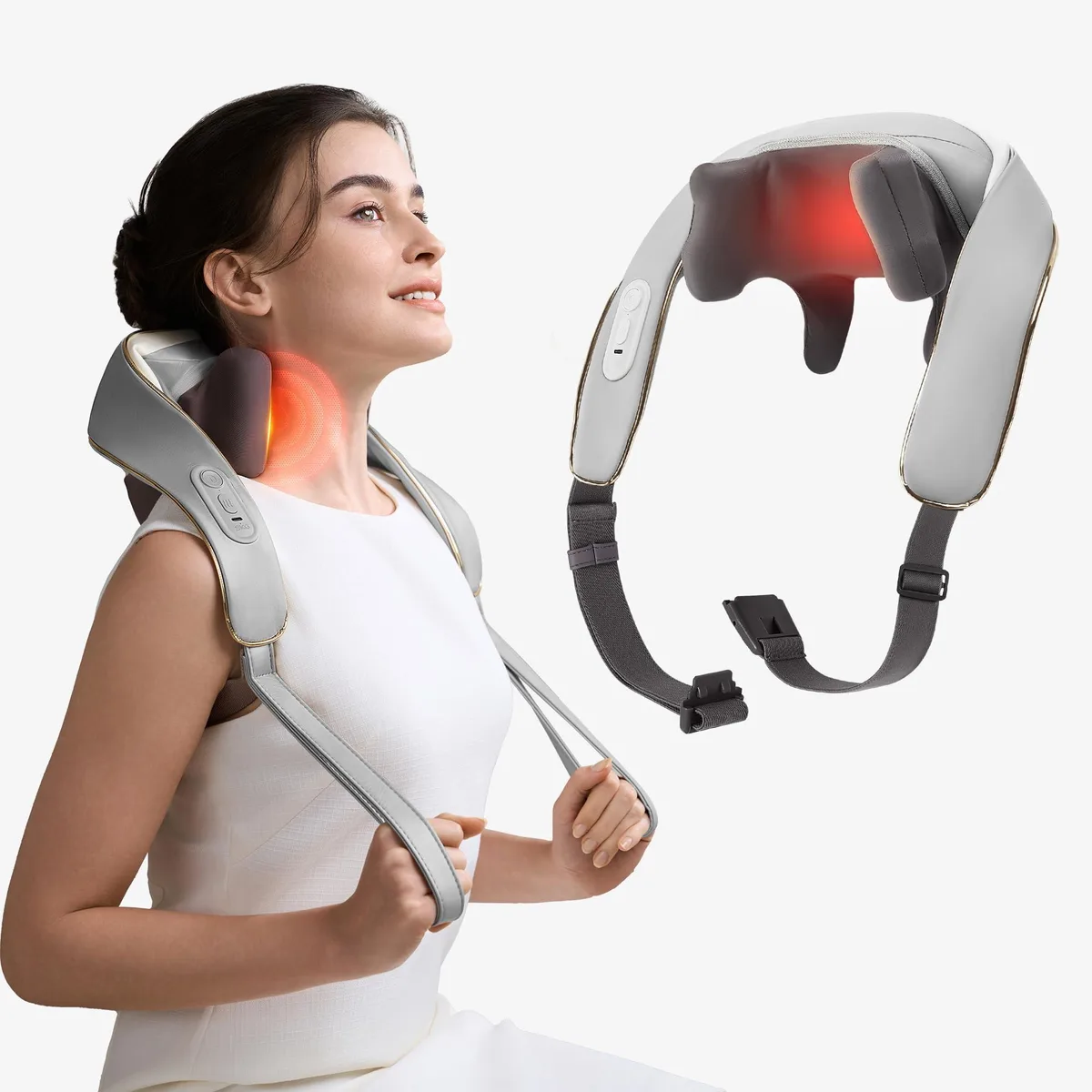 White U-shaped neck massager with flexible arms, lightweight wrap-around design